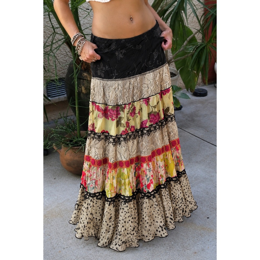 Vintage Spencer Alexis Tiered Patchwork Maxi Skirt Large Floral Lace Animal